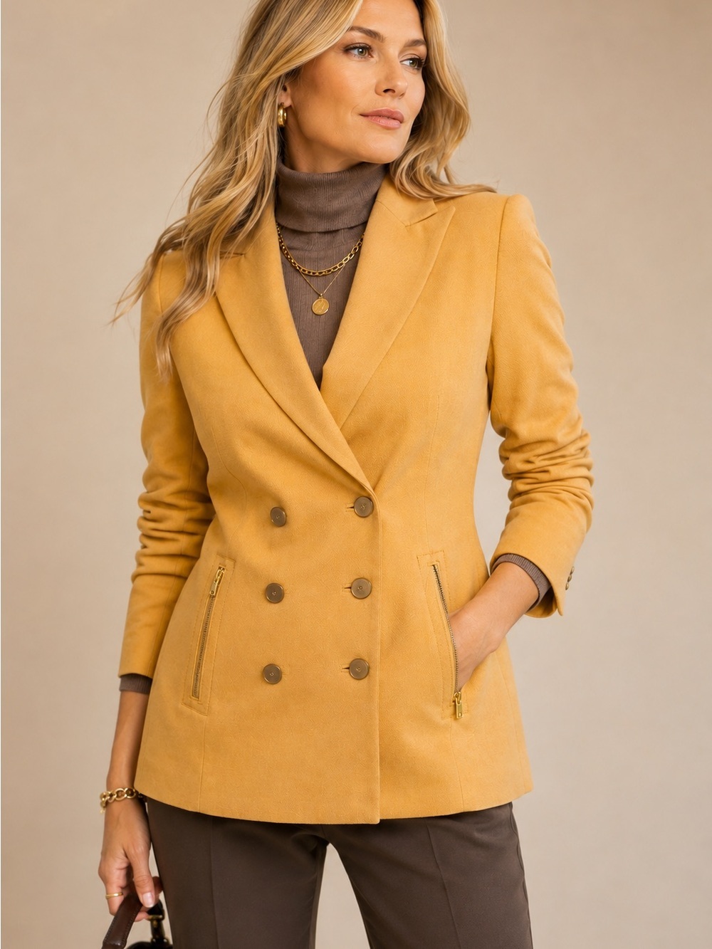 Elie Tahari Mustard Gold Double Breasted Tencel Blazer Jacket Zip Pockets